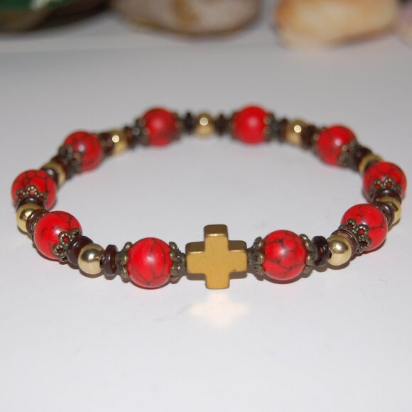Cross Bracelet,Rosary Bracelet,Red Howlite Bracelet,Cross Rosary Bracelet,Red - Picture 5 of 5